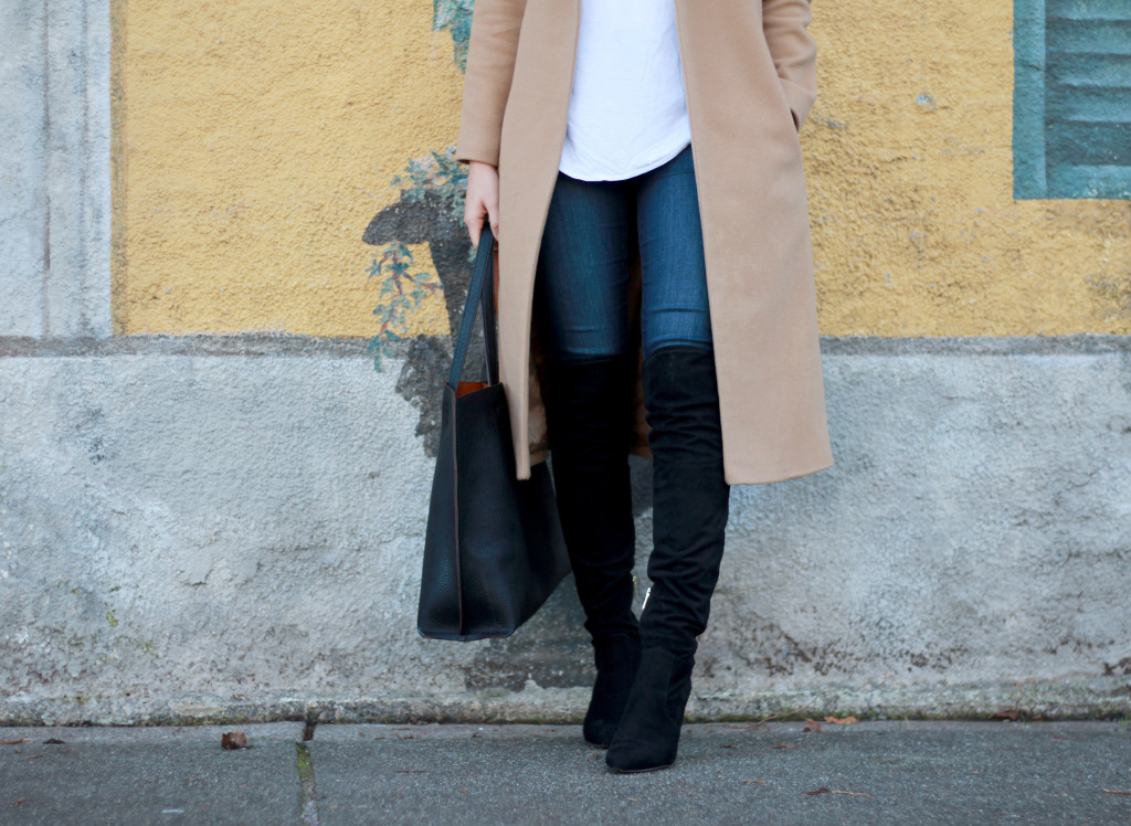 long camel coat over the knee boots jeans and a tshirt asos