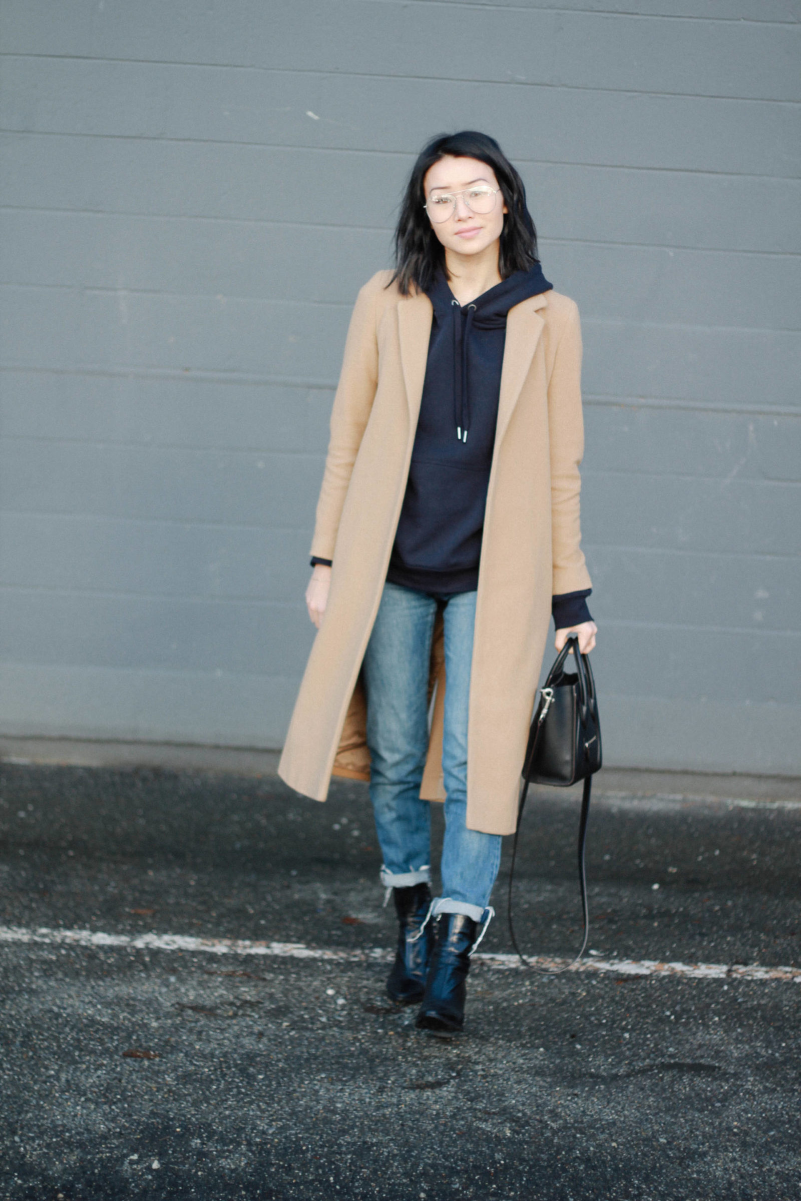 jeans, a hoodie and a camel coat | What The Fung