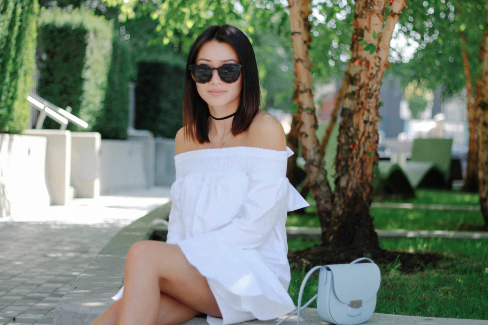 off the shoulder dress what the fung blog prada shoes